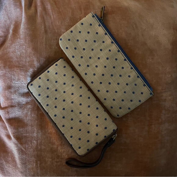 💙 Fossil Felicity Blue Dot Jori Zip Clutch Wallet & Pouch - Tan & Brown & Blue - Picture 15 of 15